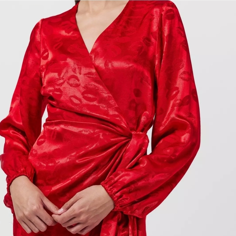 💋Never Fully Dressed Mini Vienna Long Sleeve Wrap Dress:Red Lip Print:Size-US 6